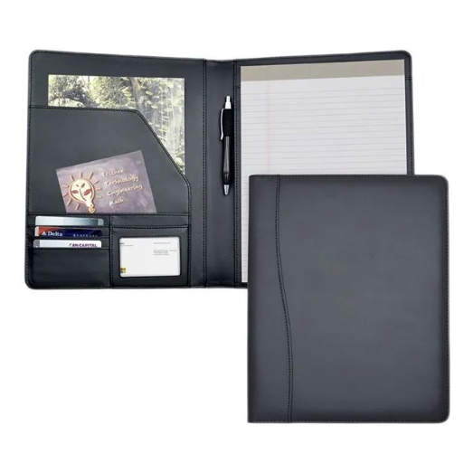 Donor incentive portfolio with notebook and pen.