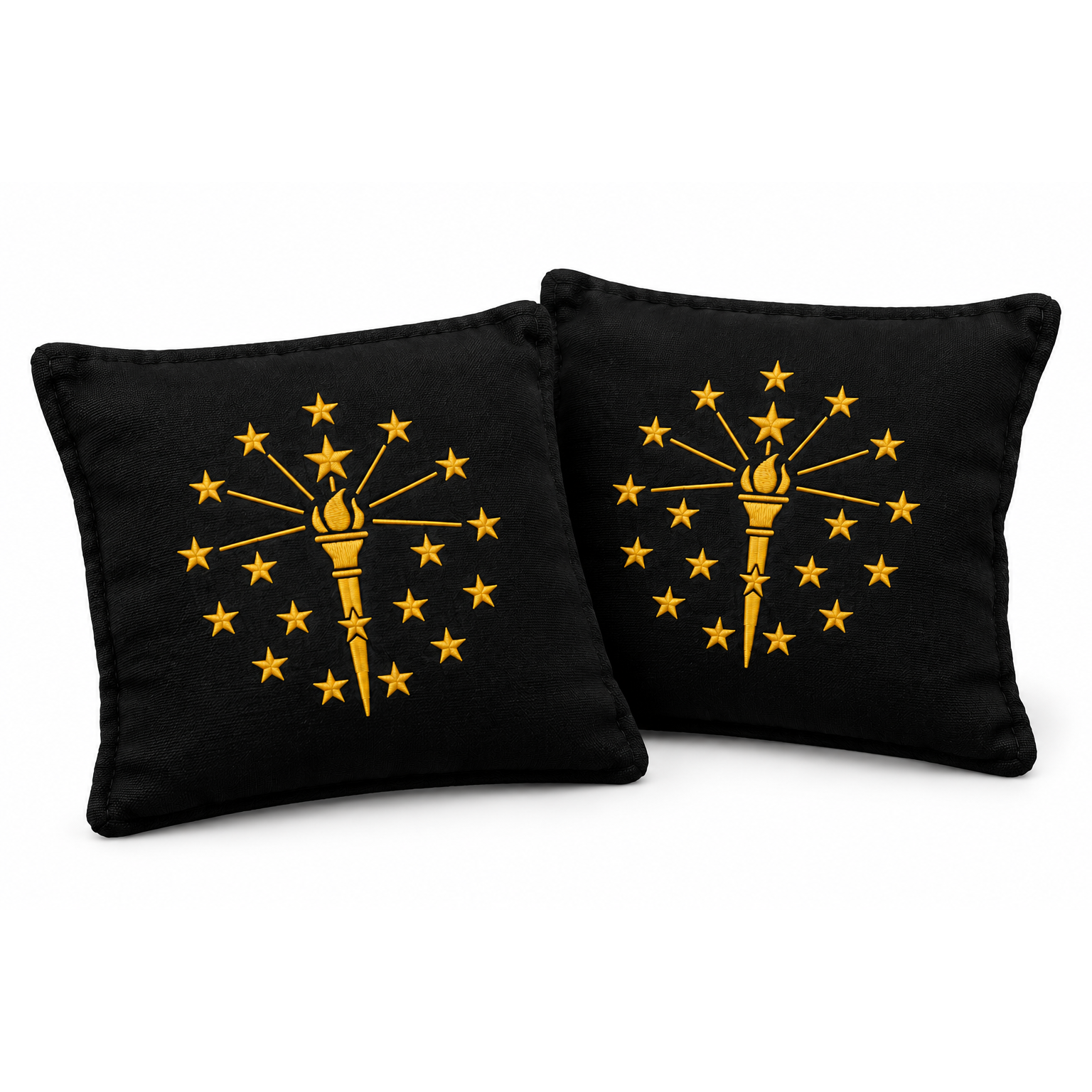 Cornhole bag with gold Indiana design.