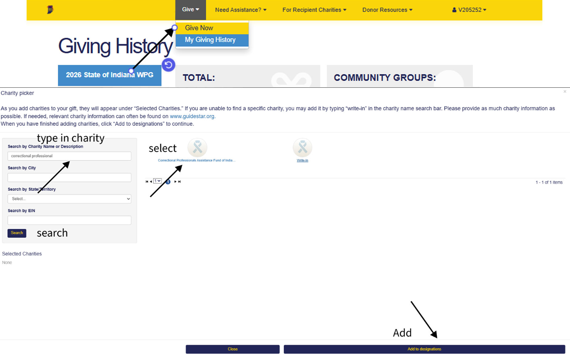 Charity picker showing a search for Correctional Professionals and the option to add CPAFI to designations.