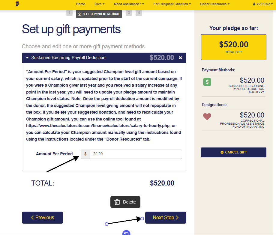 Set up gift payments screen showing the Amount Per Period field for a recurring payroll deduction.