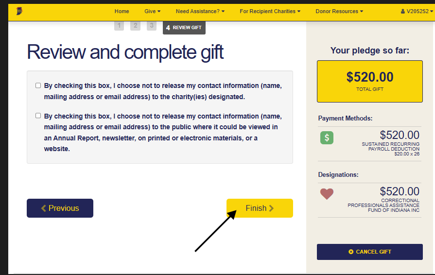 Review and complete gift screen showing the Finish button used to submit the pledge.