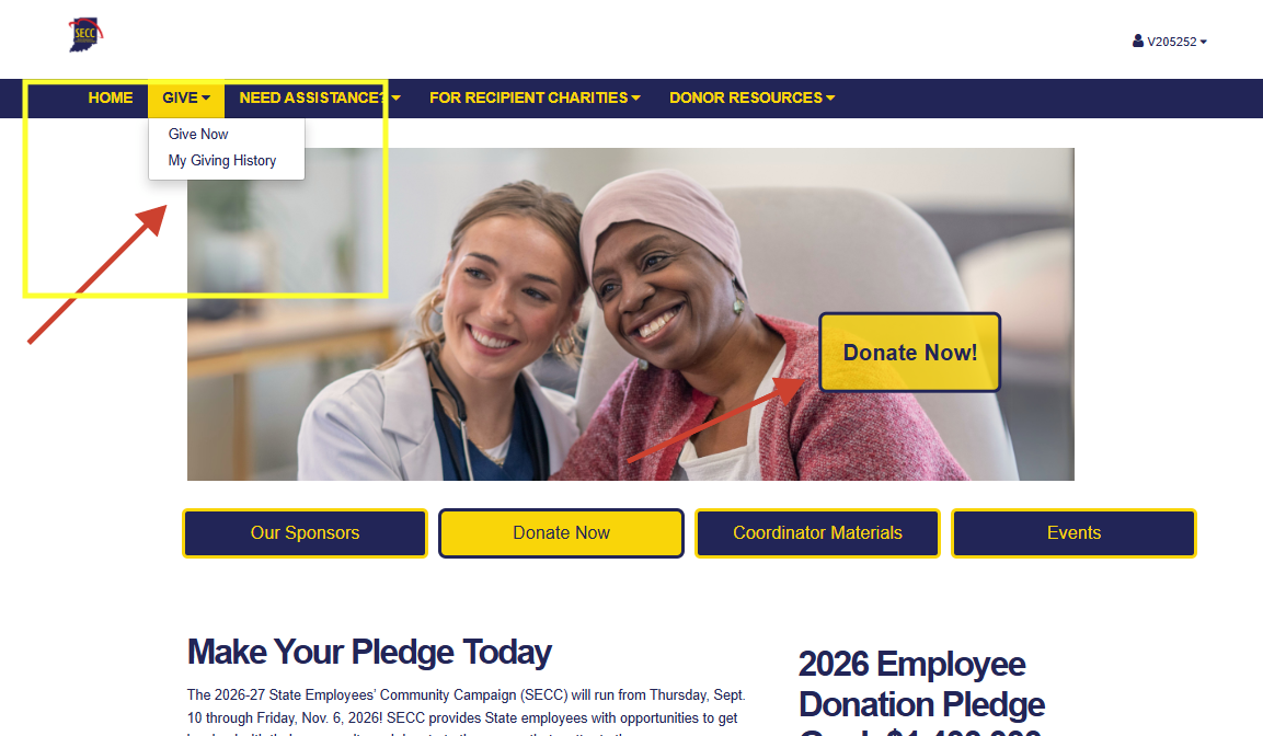 SECC Give menu showing Give Now and My Giving History options.
