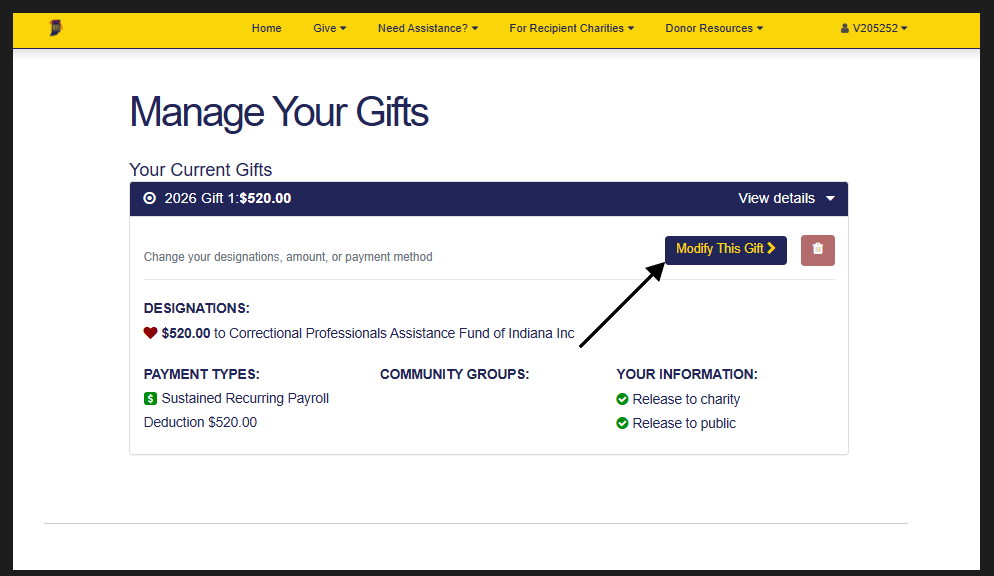 Manage Your Gifts screen showing the Modify This Gift button for an existing pledge.