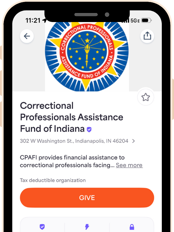 CPAFI profile in Givelify with the Give button displayed.